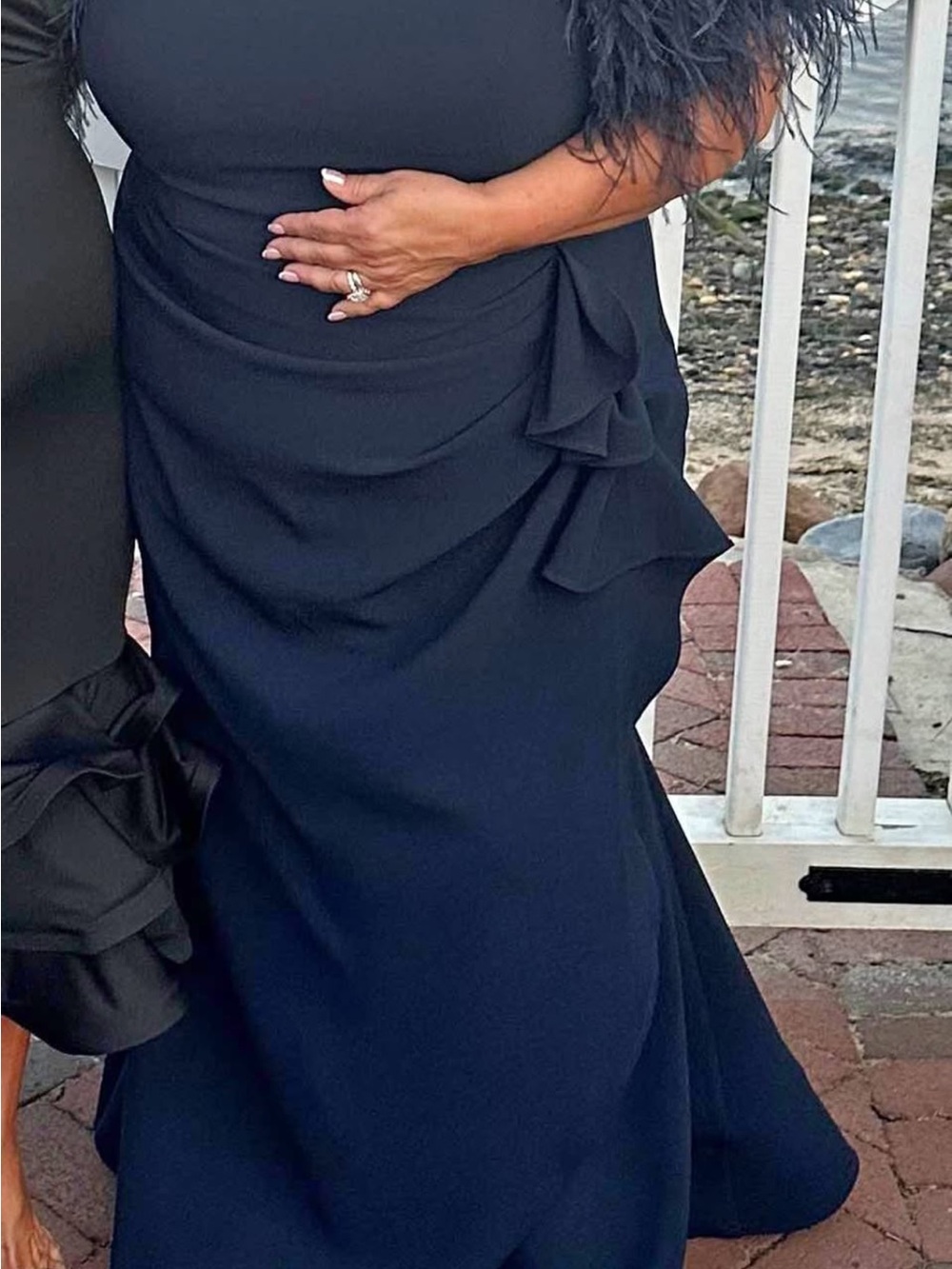 Jovani Midnight Navy Feather-Trim Formal Gown